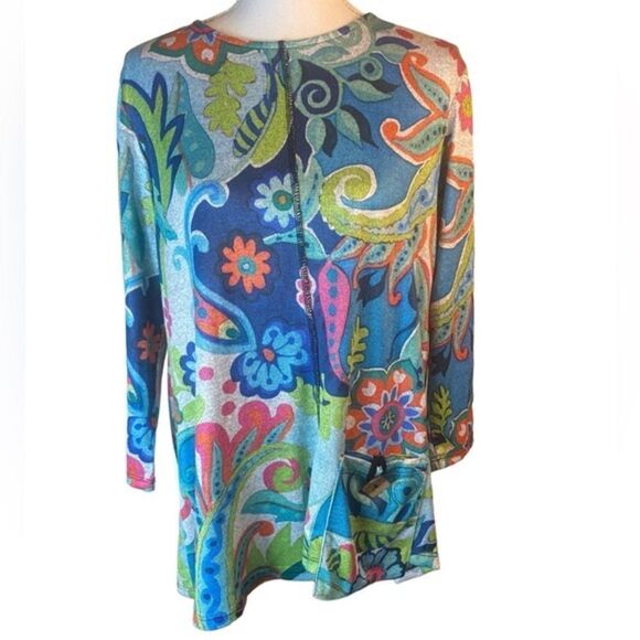 JESS & JANE Marina Sz Med Colorful Fine Knit Contrast Seam Round Neck A Line Top - Picture 1 of 7